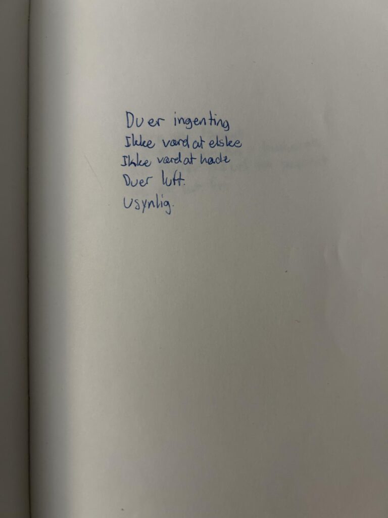 Side fra Chris´ dagbog: Der står: "Du er ingenting. Ikke værd at elske- Ikke værd at hade. Du er luft. Usynlig."