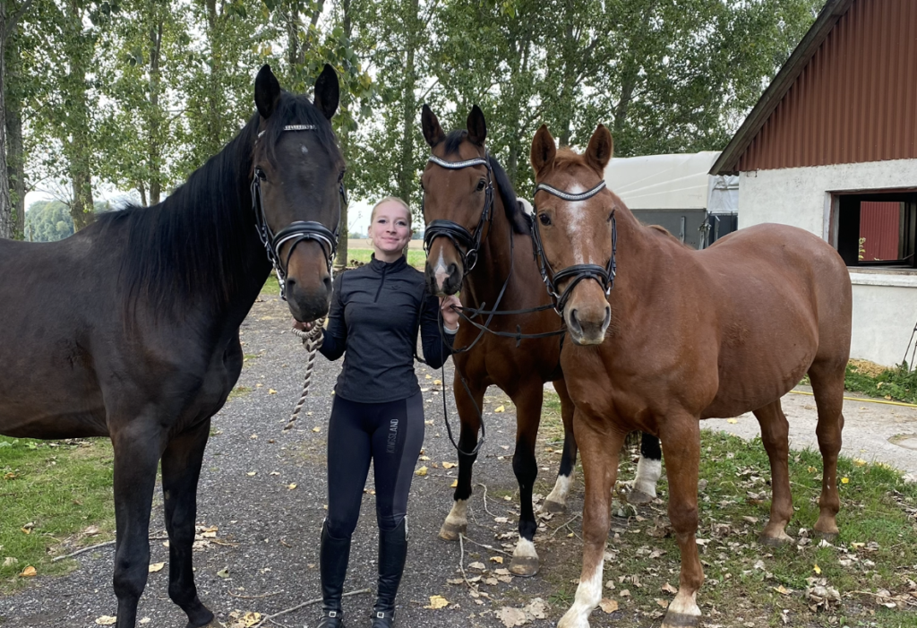 Veronica der står med tre heste